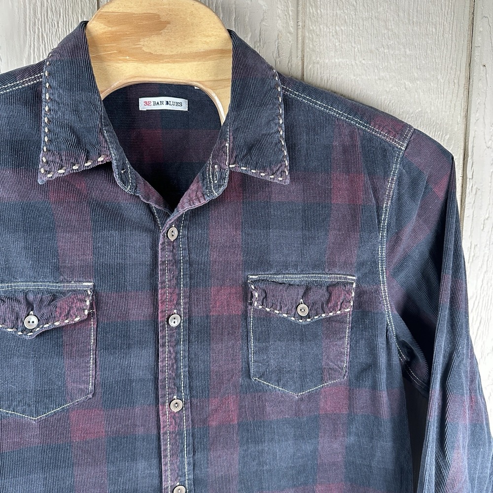 32 Bar Blues Corduroy Shirt Mens Large Contrast Stitch Red Black Plaid Button Up